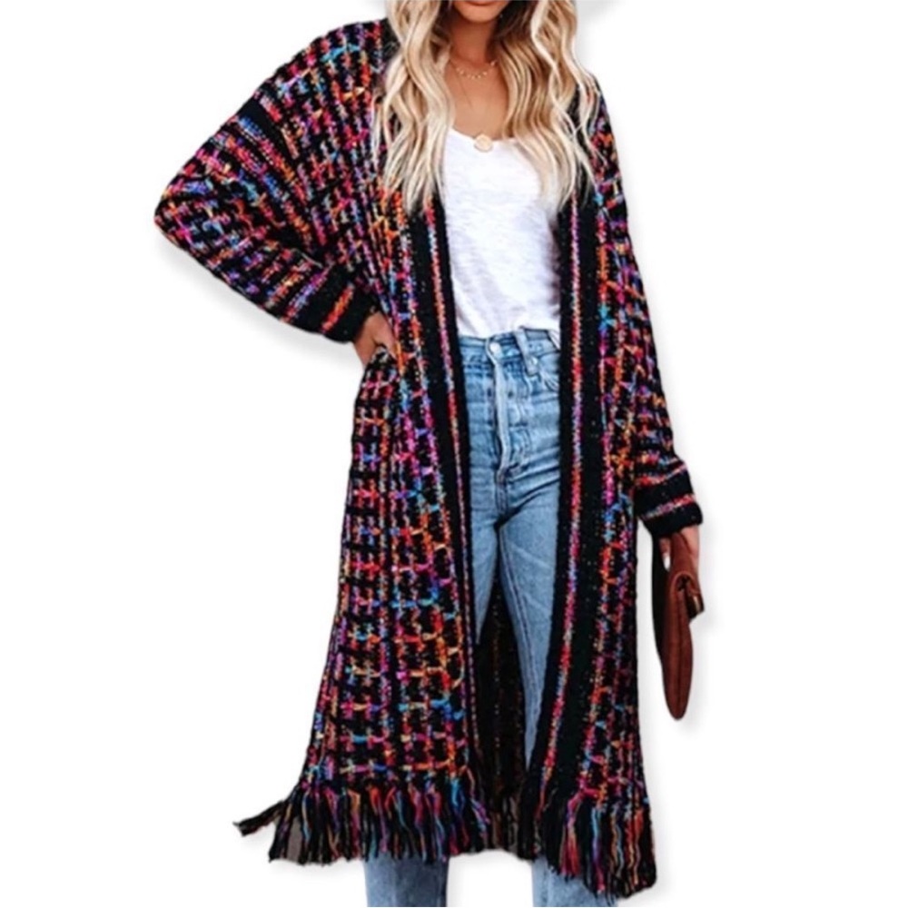 NWOT- XL FRINGED MAXI CARDI OPEN KNIT TRENCH in BLACK PINK BLUE & GOLD METALLIC